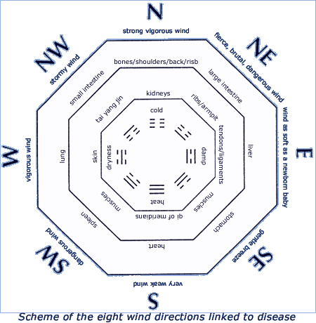 Schema van de acht windrichtingen in verband gebracht met ziekte.